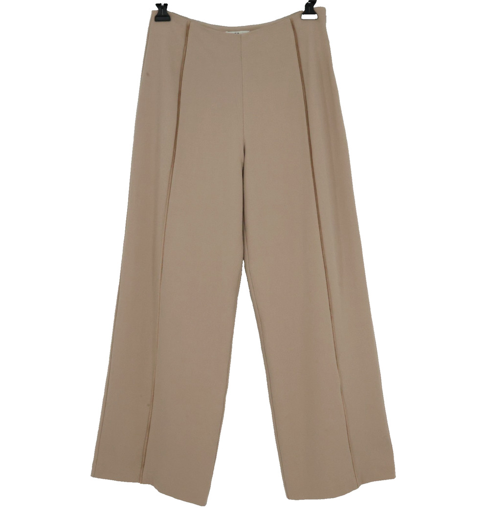 Halston Dress Pants Womens 8 Beige Crepe Wide Leg Side Zip Lined Fringe Trim